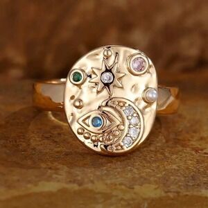 Celestial Ring Star Moon Evil Eye Gold‎ Tone Statement Ring Band Size 6